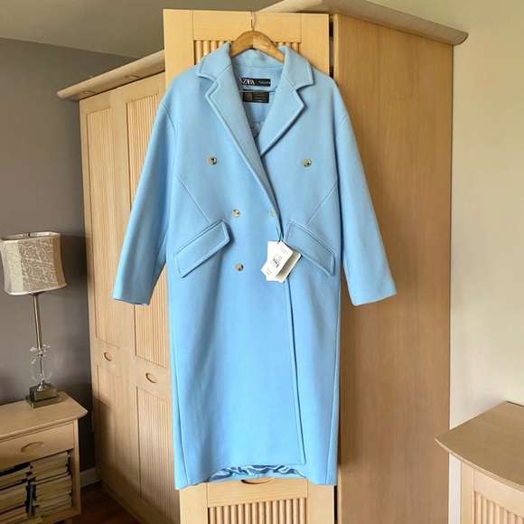 Zara double breasted oversized wool coat sky blue - Picture 5 of 15